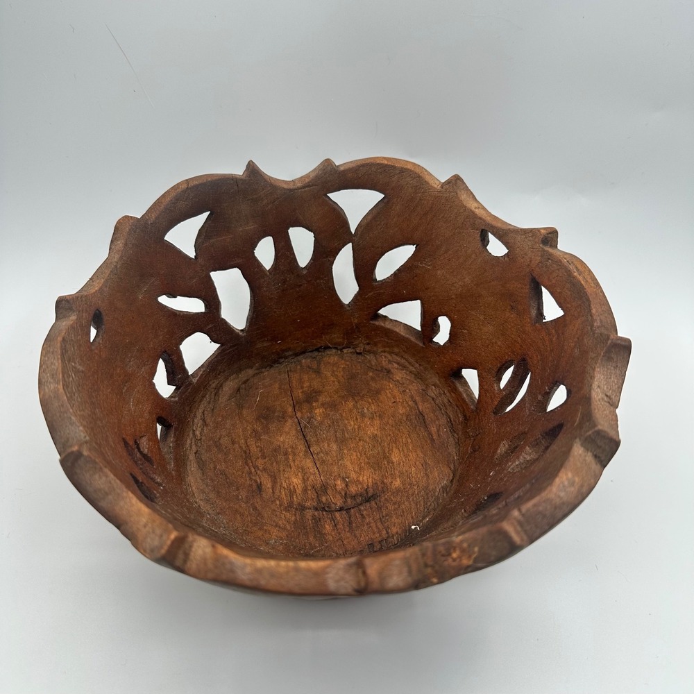 Hand Carved African Wood Bowl Kenya Safari Elephant Rhino Openwork Decorative